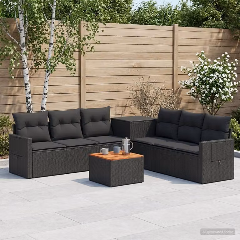 Set di divani da giardino vidaXL 8 pezzi in rattan e acciaio nero con cuscini inclusi