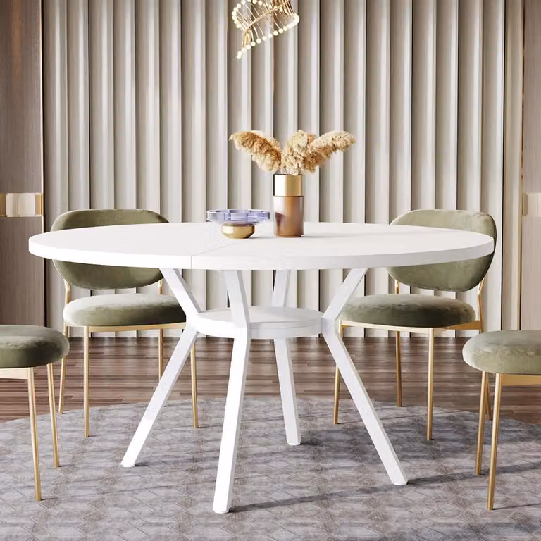 Tavolo rotondo da pranzo per 4 persone, diametro 120 cm, bianco, con gambe in metallo e ripiano portaoggetti