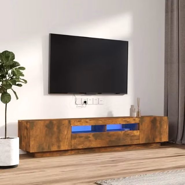Set di mobili TV moderno vidaXL in legno multistrato color rovere fumo con luci LED integrate per il tuo soggiorno, 2 pezzi
