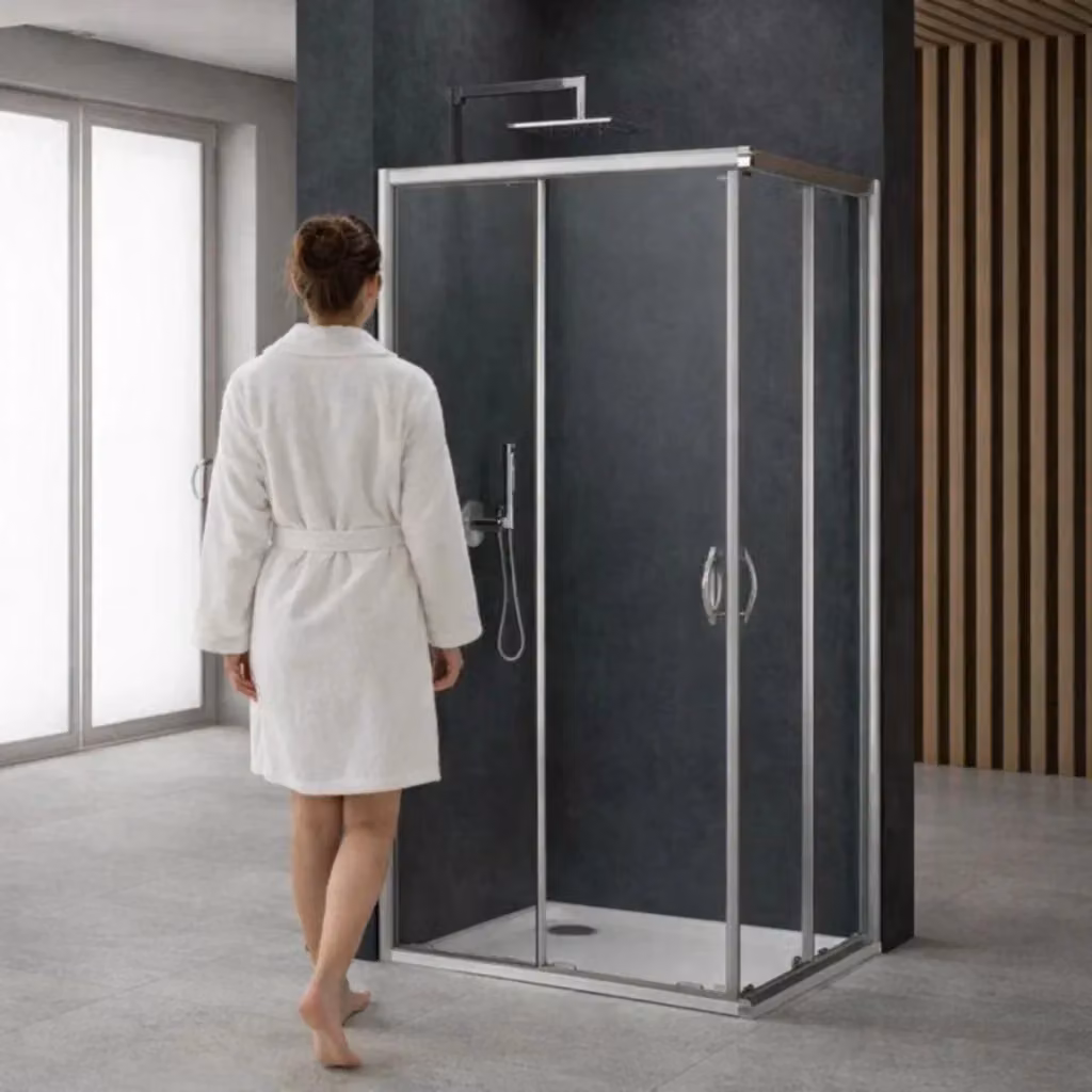 Cabina doccia angolare Ogomondo con ante scorrevoli in cristallo temperato da 6 mm, colore trasparente e profili argento, H 190 cm, L/P: 72-75 x 72-75 cm – 2