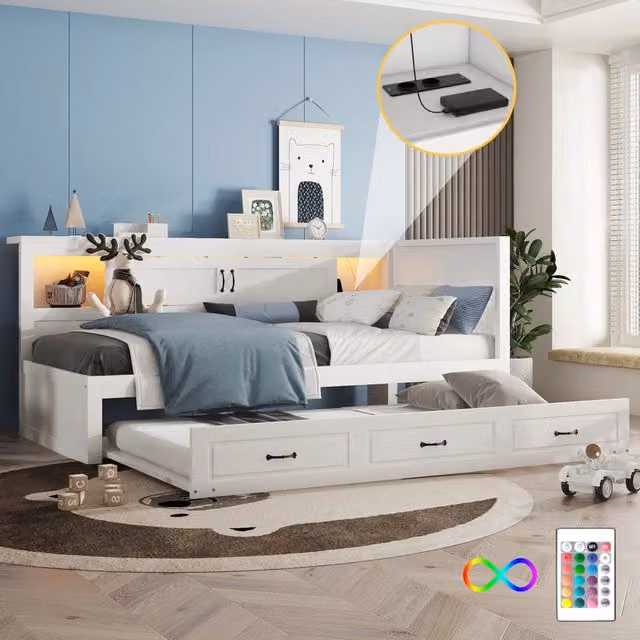 Daybed letto a giorno 90x200 cm con letto estraibile, LED, vano laterale, presa e USB, bianco, senza materasso
