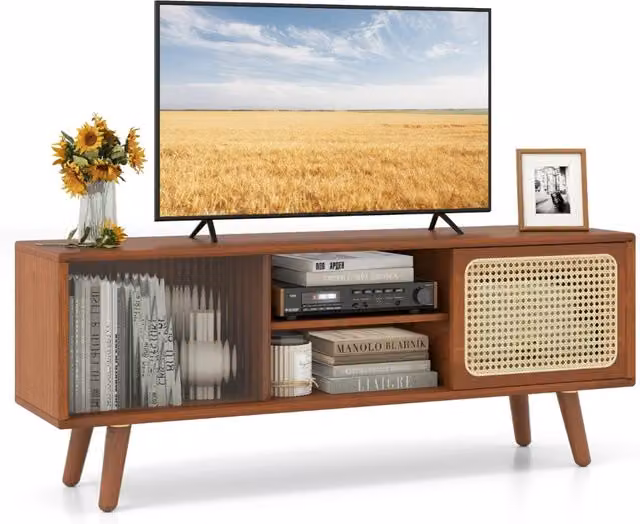 Mobile TV in bambù e rattan marrone con ante scorrevoli e design mid-century per soggiorno