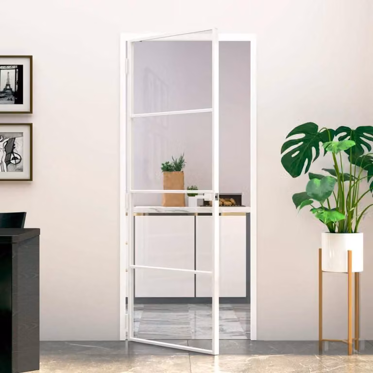 The Living Store porta interna bianca 83x201,5 cm vetro temperato e alluminio slimline