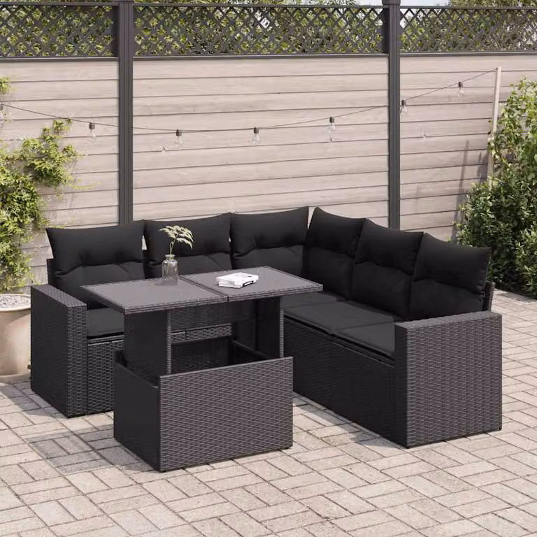 Set Divano da Giardino vidaXL 6 pz a Forma a L con Cuscini Neri in Polyrattan e Struttura in Acciaio