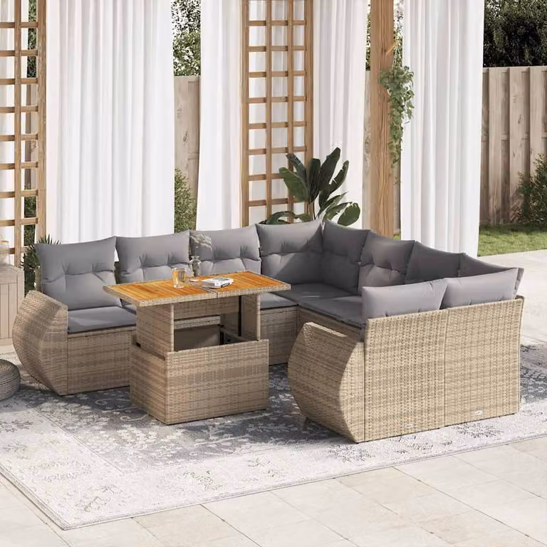 Set Divano da Giardino vidaXL 9 pz in Polyrattan con Cuscini Beige e Grigio con Tavolino da Caffè e Design a L
