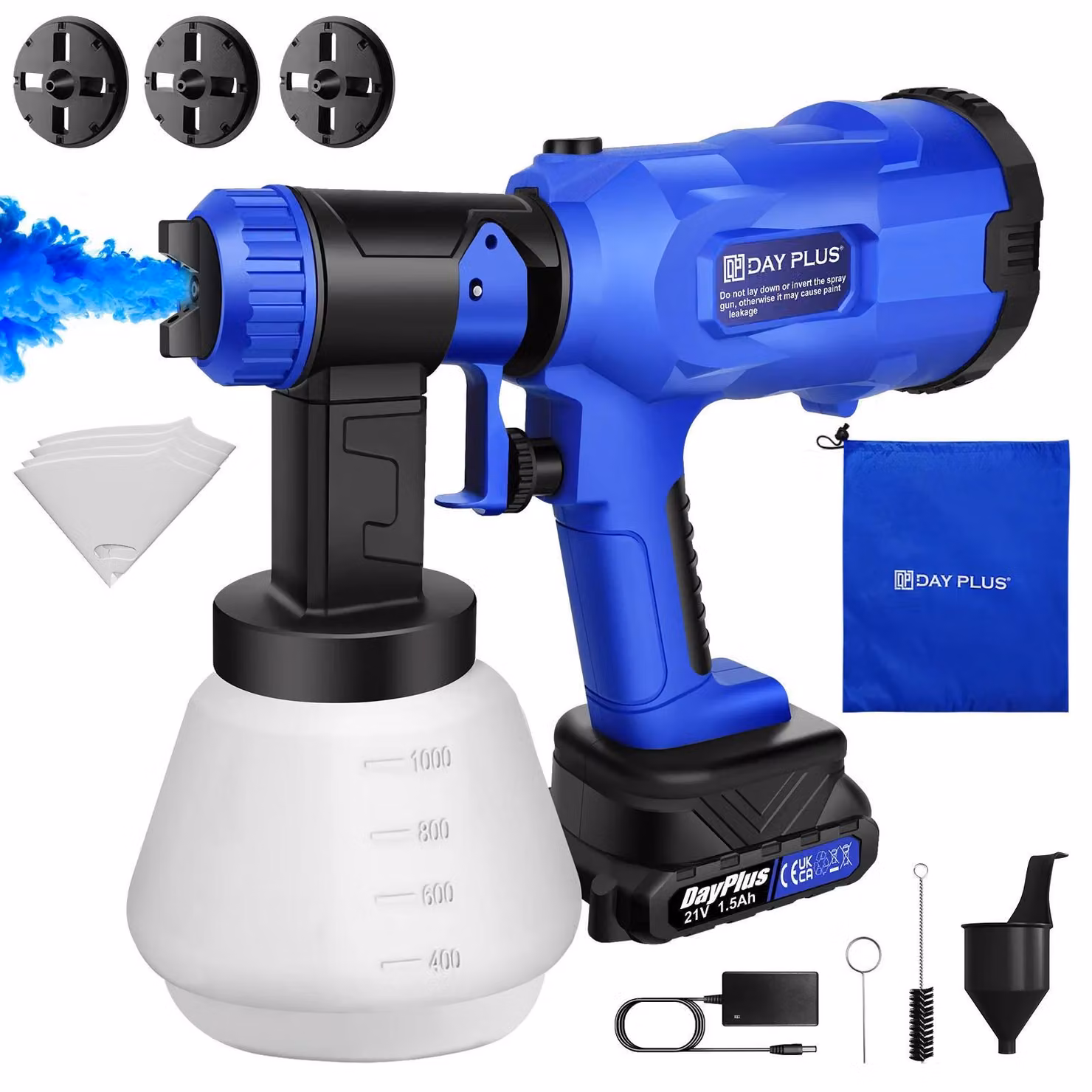 Spruzzatore di vernice - Pistola a spruzzo airless senza fili - Batteria agli ioni di litio da 1500 mAh - Serbatoio da 1000 ml - 3 modelli di spruzzo - 4 ugelli in rame da 1,0–2,5 mm