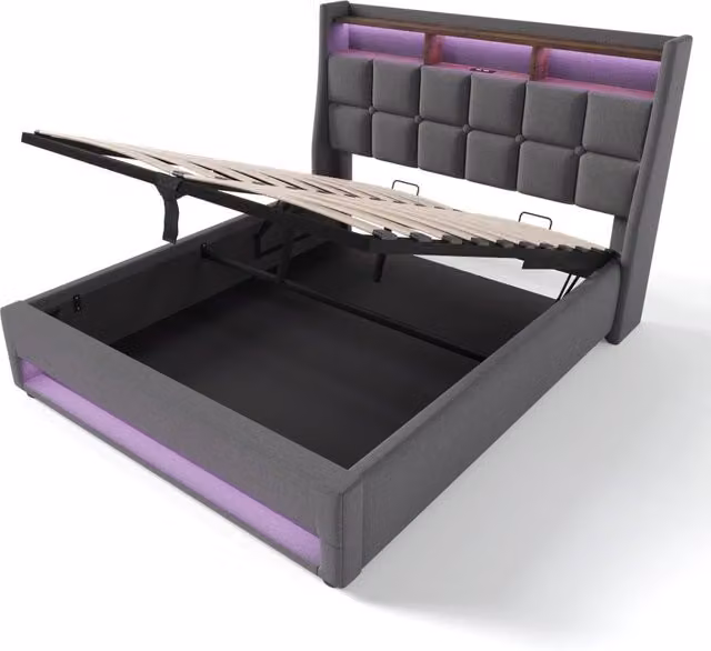 Letto contenitore matrimoniale moderno con testiera imbottita, porta USB, illuminazione LED e mensola integrata, grigio, L/P: 140 x 200 cm