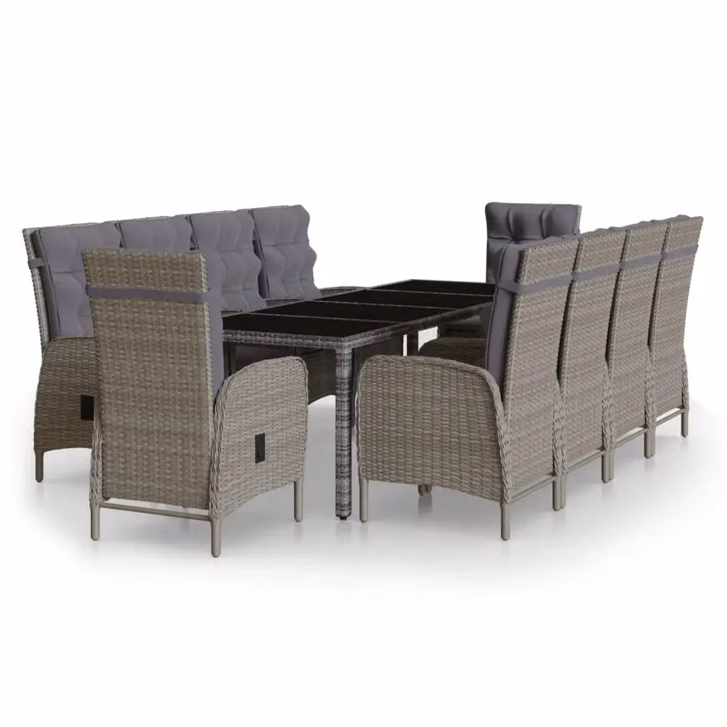 Set Pranzo da Giardino vidaXL in Polyrattan Grigio con Tavolo in Vetro, 11 Pezzi – 2