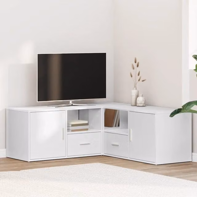 Mobile Angolare Moderno vidaXL Bianco con Ripiani e Cassetti L/P/H: 200 x 40 x 45 cm
