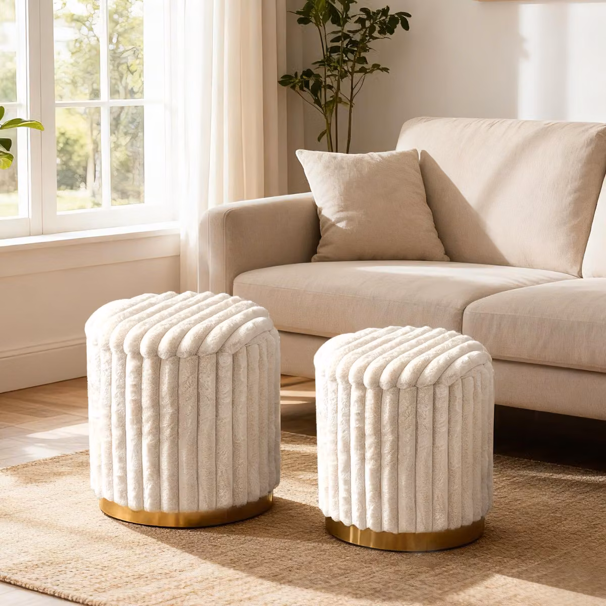 Set di 2 pouf rotondi cilindrici Costway in tessuto morbido beige e bianco per soggiorno