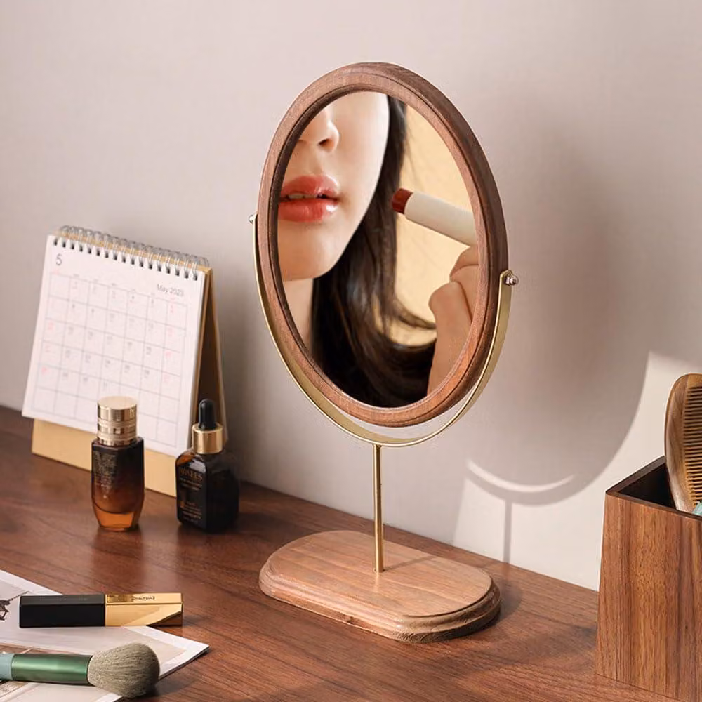 Specchio da tavolo, dimensioni 34x12 cm, con supporto in legno, base ovale, colore oro-marrone chiaro, ideale per il trucco