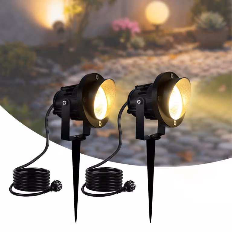 2 luci da giardino, luce calda, 10W, faretti LED per esterno con picchetto, grado di protezione IP65, impermeabili