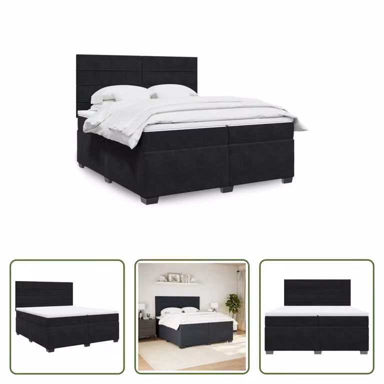 The Living Store Letto a molle con materasso nero 200x200 cm in velluto