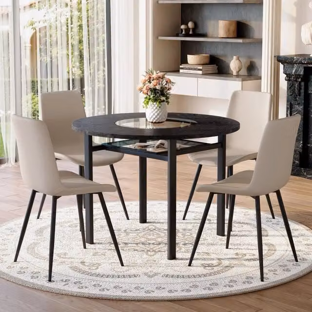 Set tavolo rotondo 100 cm con piano in MDF e vetro; nero e grigio caldo