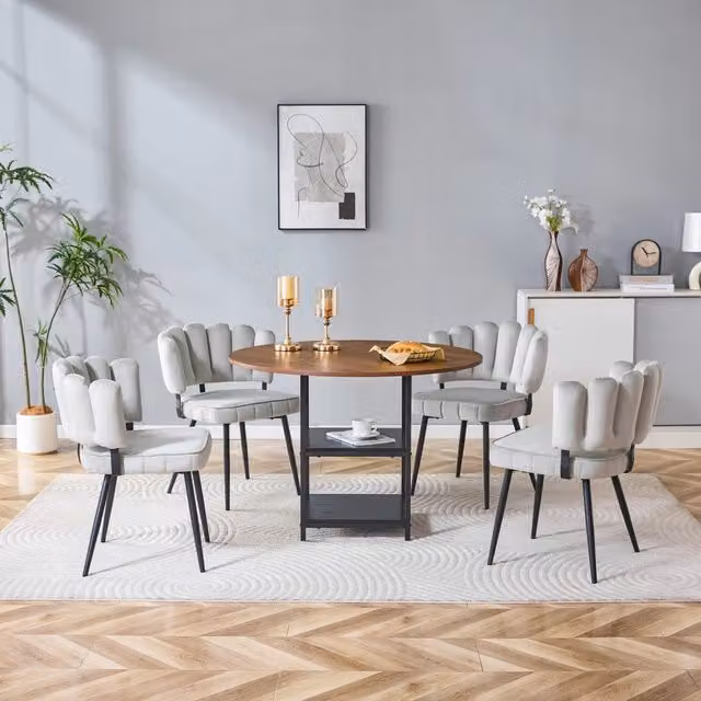 Tavolo da pranzo per 4 persone con 2 ripiani aperti e 4 sedie, stile industriale, in MDF e metallo, noce e nero, Ø 107 cm