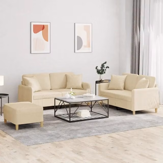 Set di divani 3 pezzi vidaXL in tessuto beige con cuscini per soggiorno