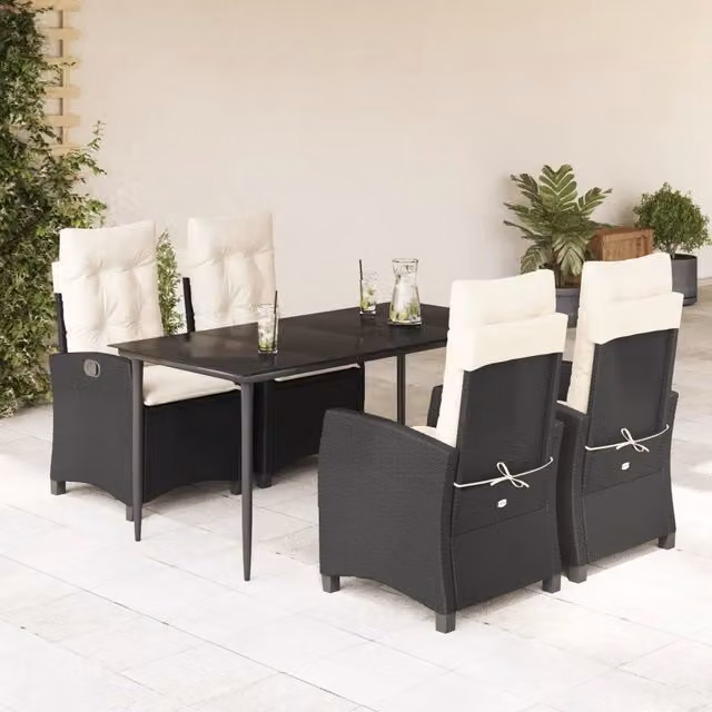 Set da Pranzo da Giardino 5 pz Nero con Cuscini in Polyrattan