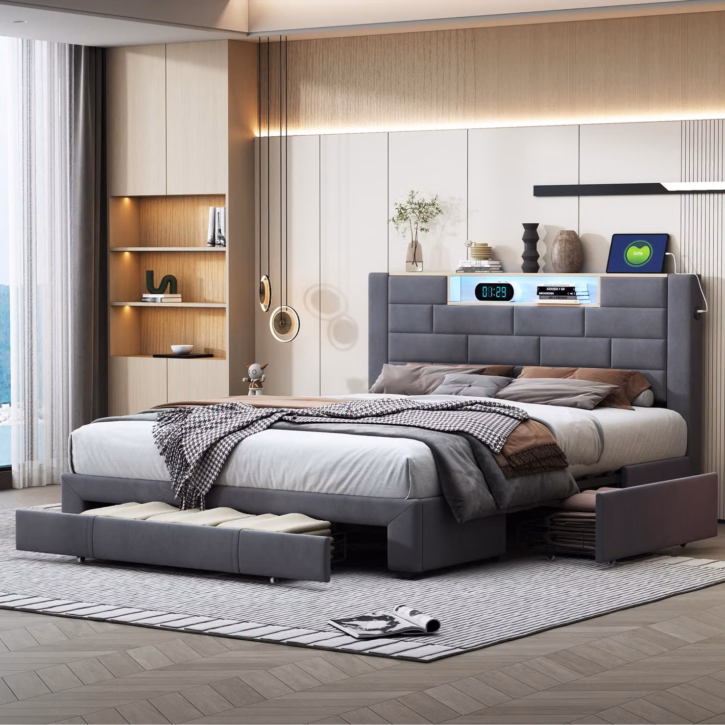 CDGlobal letto imbottito 140x200cm con USB e prese, letto per ragazzi letto matrimoniale con 3 cassetti, letto contenitore letto in legno massiccio con LED/tipo C e rete a doghe, lino, grigio
