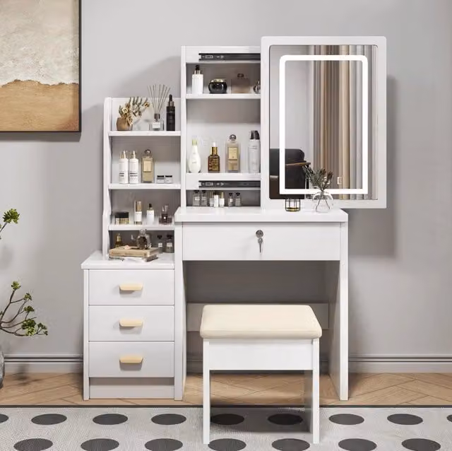 Toeletta con specchio LED; 3 modalità di luce regolabili; ripiani e ante scorrevoli a specchio; MDF bianco