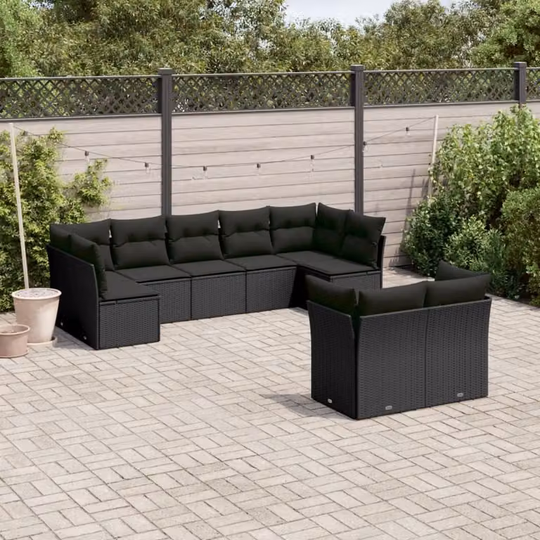vidaXL Set Divani da Giardino a L con Cuscini Nero in Polyrattan e Struttura in Metallo