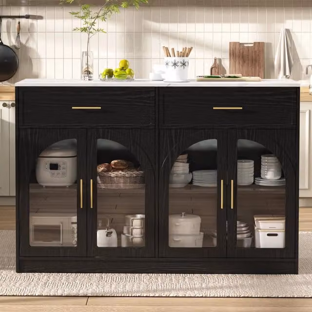 Desviae Isola da cucina autoportante con LED ante trasparenti due cassetti ripiani regolabili in MDF nera 135 × 55 × 91 cm