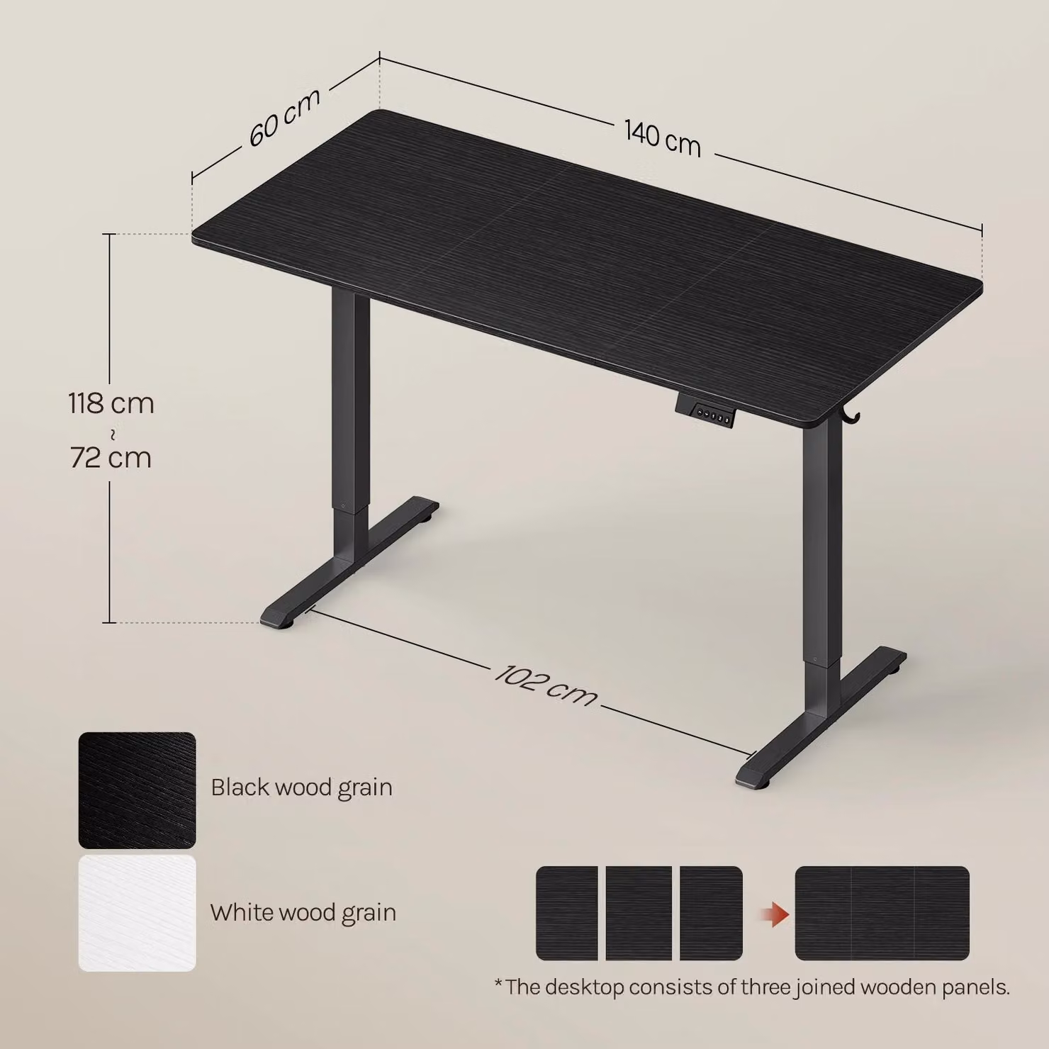 Scrivania regolabile in altezza elettricamente - Scrivania da gaming - 140 x 60 cm - Intervallo di altezza: 72–118 cm - 3 posizioni di altezza memorizzabili - Protezione anti-collisione - Porta USB integrata - Colore: nero
