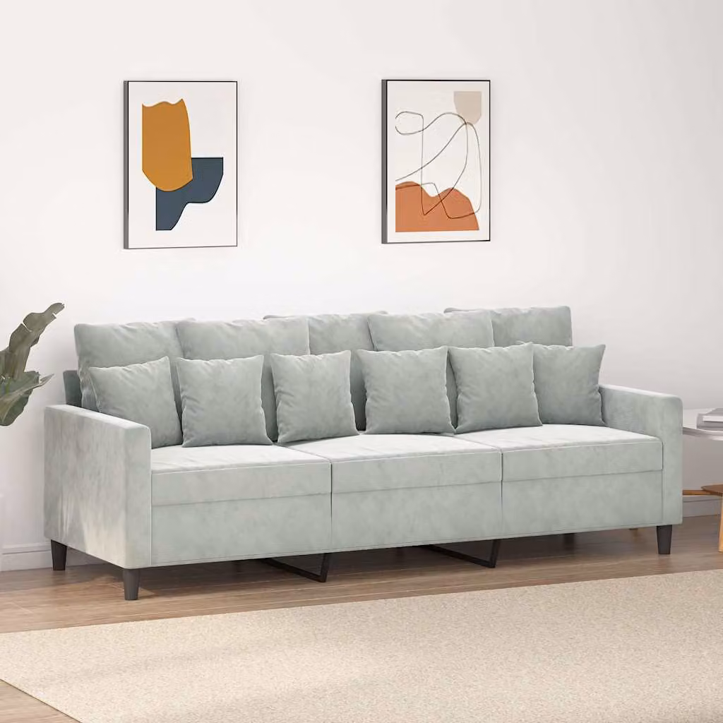 vidaXL Divano a 3 Posti Moderno in Velluto Grigio con Cuscini e Struttura in Metallo L: 198 cm, P: 80 cm, H: 77 cm