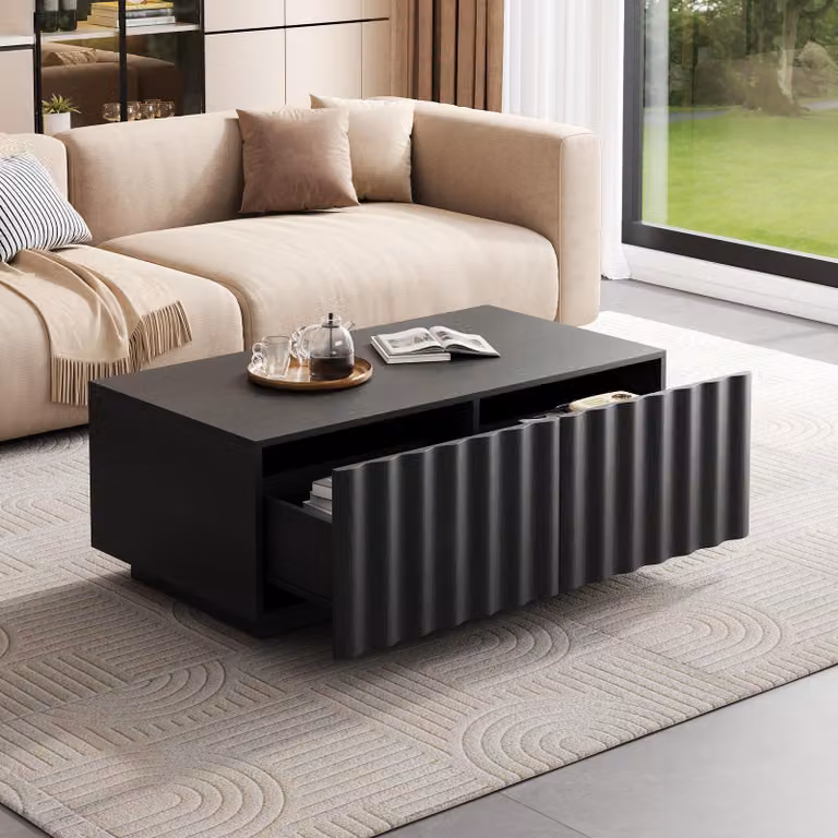 Tavolino Merax con motivo a onde, tavolino da salotto con 2 cassetti, tavolino da divano moderno con vano portaoggetti, tavolino minimalista in MDF, nero