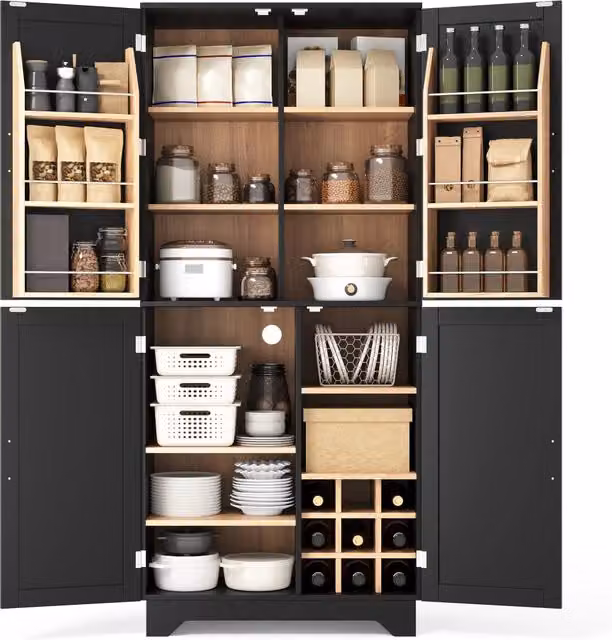 Mobile dispensa da cucina 80 x 40 x 180 cm in MDF nero e naturale con 4 ante