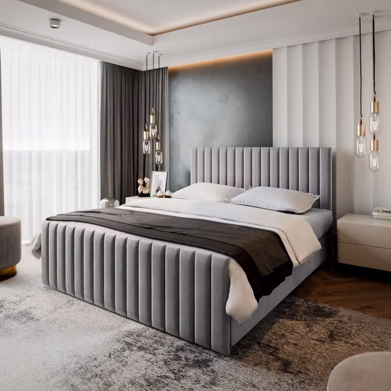 Masseno letto a molle ARION 160x200 cm completo di materasso e topper Bonell, letto imbottito con cassettiera - grigio chiaro, PAROS 05