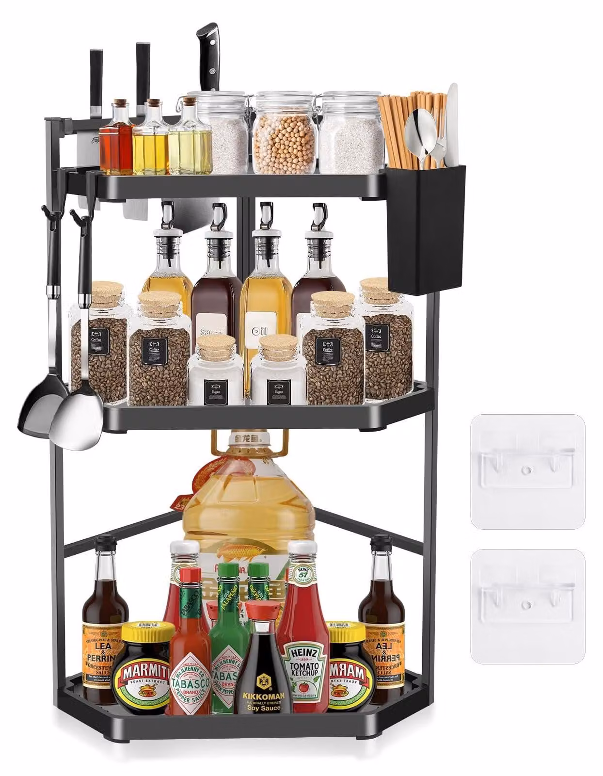 Omgoods - Scaffale angolare regolabile a 3 livelli - Contenitore per spezie per la cucina