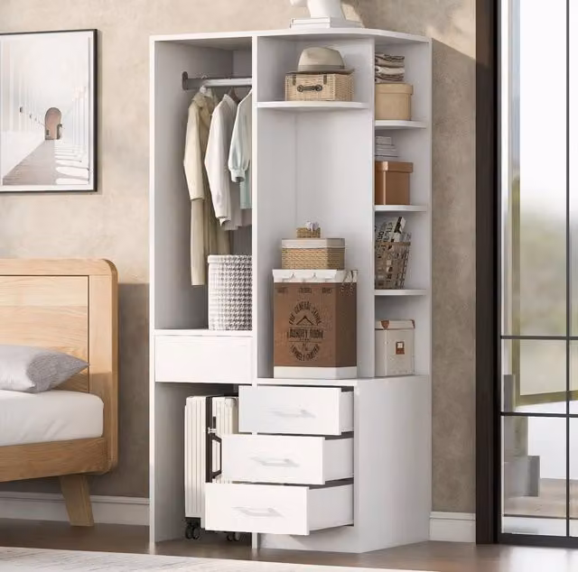 Armadio freestanding 70 x 55 x 175 cm con ripiani; vani aperti e cassetti; bianco