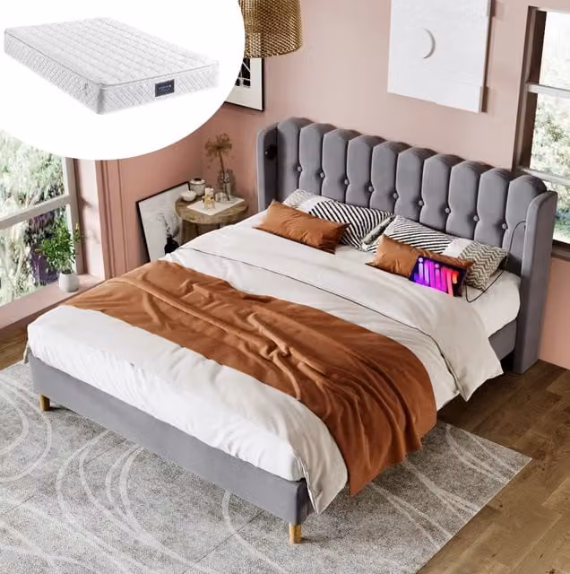 Letto imbottito con testiera a pannelli; USB e Type-C; 160 x 200 cm; lino grigio
