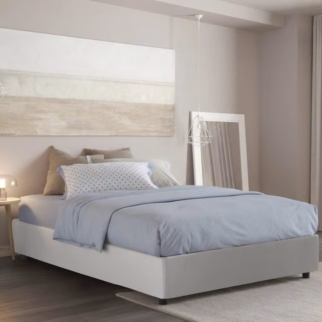 Letto matrimoniale contenitore Azuko con rivestimento in ecopelle e materasso incluso, Bianco, L/P: 140 x 200 cm