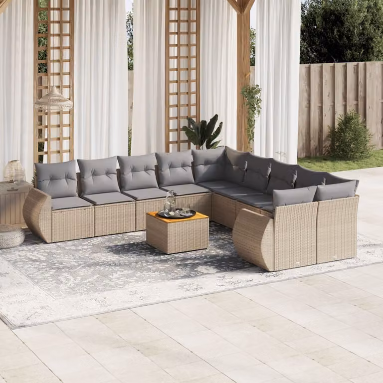 Set di Divani da Giardino vidaXL 11 Pezzi con Cuscini Beige e Tavolino in Polyrattan e Legno di Acacia