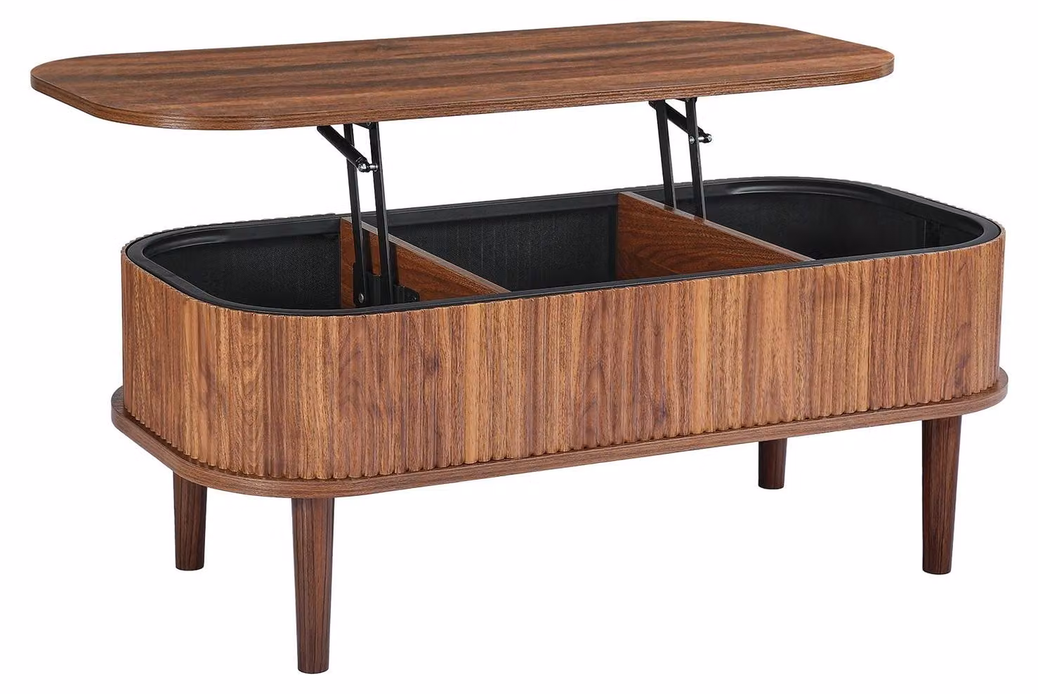 Tavolino da caffè con piano sollevabile da 1000 mm, tavolino ovale con decorazioni a listelli e 3 scomparti nascosti, tavolino ovale in legno in stile mid-century con spazio contenitivo, piano sollevabile per casa e ufficio, facile da assemblare, finitura