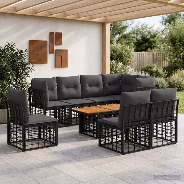 Set Divano da Giardino a L con Polyrattan e Tavolino vidaXL, Nero e Grigio con Cuscini Inclusi – 1
