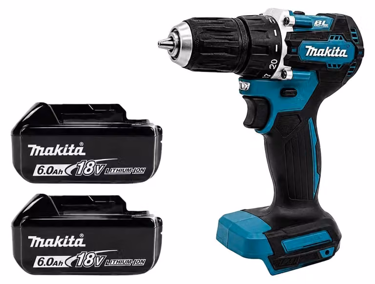 Trapano avvitatore a percussione, motore brushless, due velocità, 2 batterie e set di accessori
