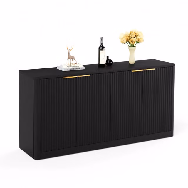Credenza e madia moderna con 4 ante e profilo ondulato in MDF nero per soggiorno e cucina, L 150 x P 40 x H 70.5 cm