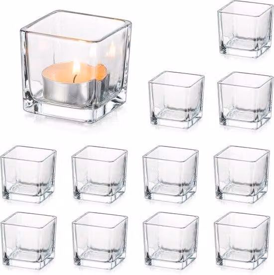 Set di 12 portacandele in vetro, piccoli portacandele trasparenti in vetro, mini portacandele cubici, per decorazioni da tavola