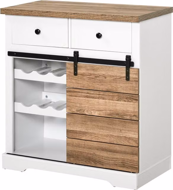 Credenza Multiuso Rustica HOMCOM con 2 Cassetti, Ripiani Aperti e Portabottiglie per Cucina e Soggiorno, L 80 x P 39 x H 86 cm