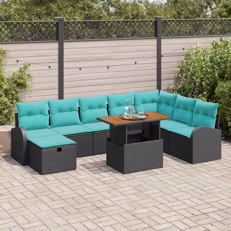 Set Divano da Giardino Moderno vidaXL 9 pz in Polyrattan Nero e Turchese con Struttura in Legno di Acacia e Metallo