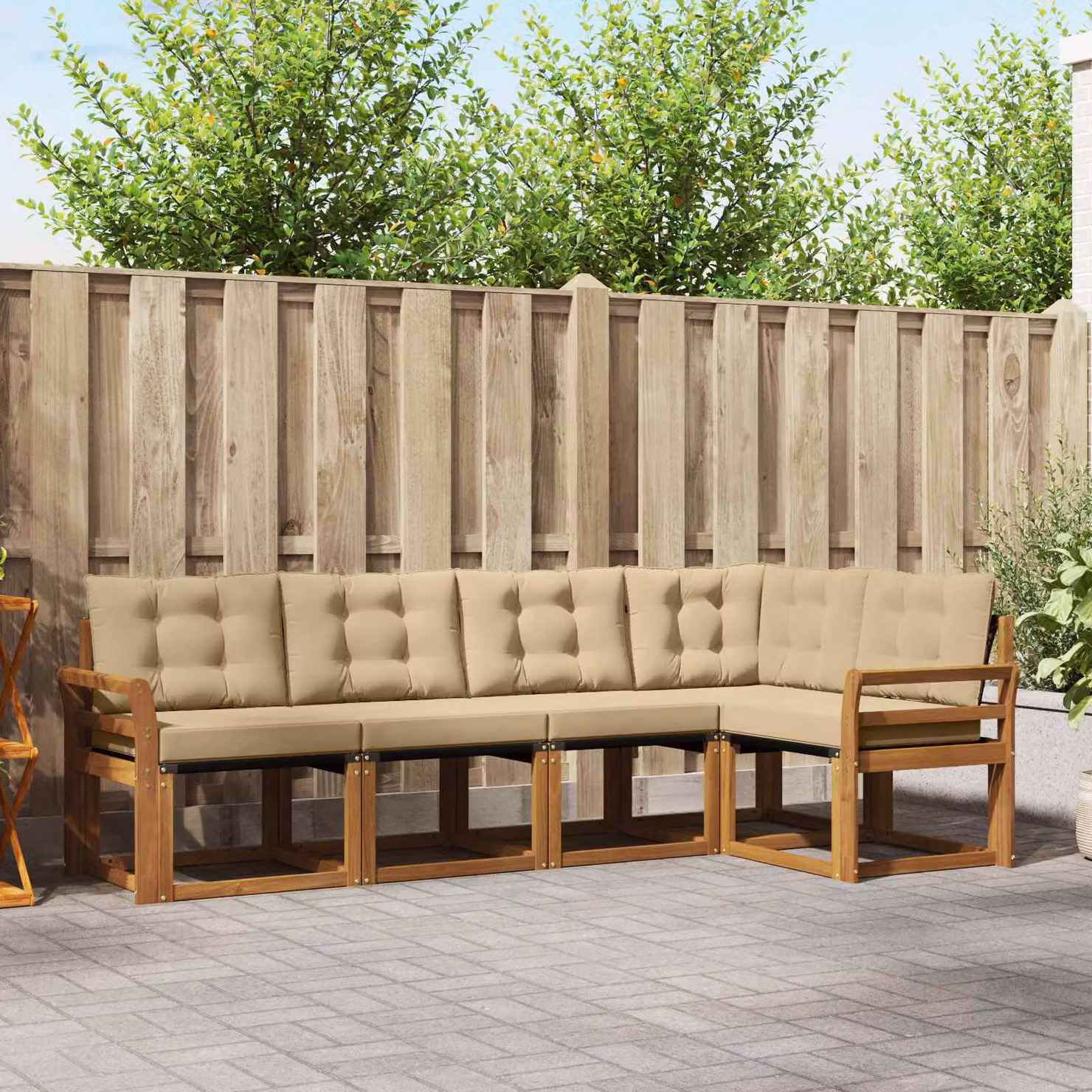 Set di divani da esterno a L vidaXL in legno di acacia con cuscini beige e marrone