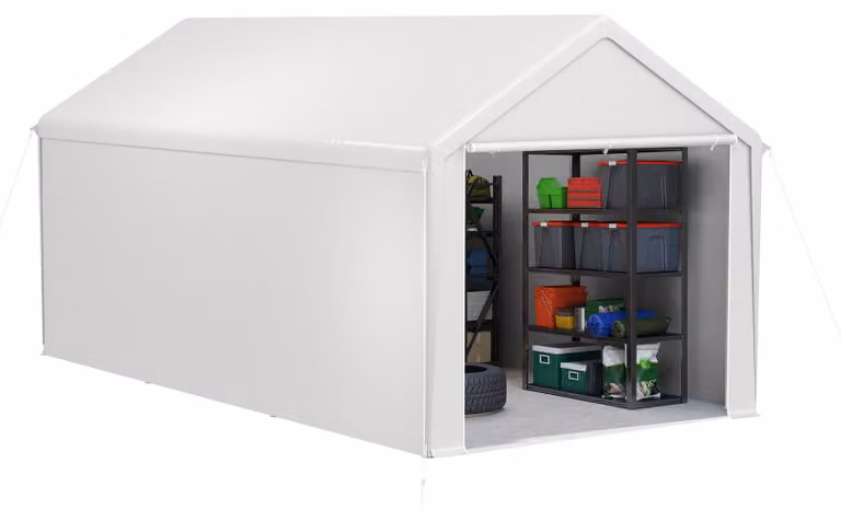 QEENTOE, garage per tende da campeggio, carport 3x6 metri, bianco, resistente ai raggi UV e adatto per l'inverno, capanno impermeabile con telo in polietilene (PE), pareti laterali rimovibili, ideale come riparo per auto, SUV o barche