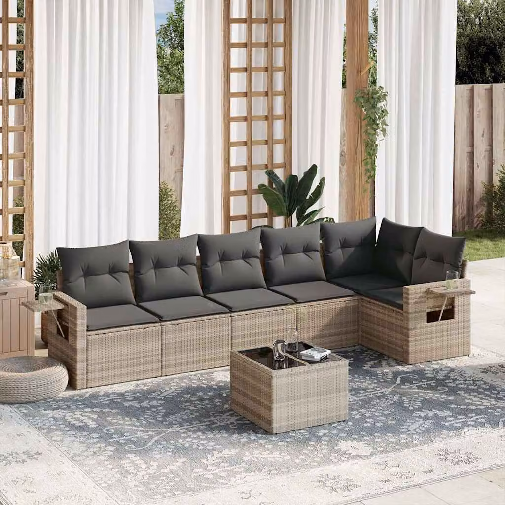 vidaXL Set Divani da Giardino 7pz a Forma di L in Polyrattan Grigio con Cuscini e Tavolino – 1