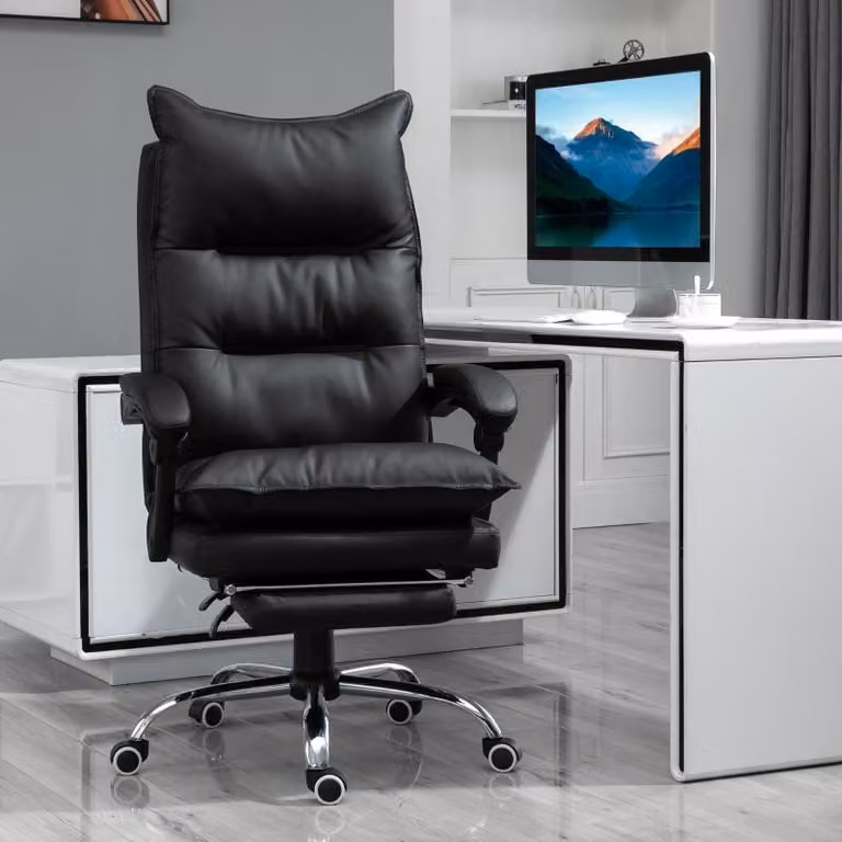 sedia da ufficio regolabile in altezza con poggiapiedi in Pelle finta, sedia da scrivania con sedile girevole a 360° e ruote piroettanti, nero