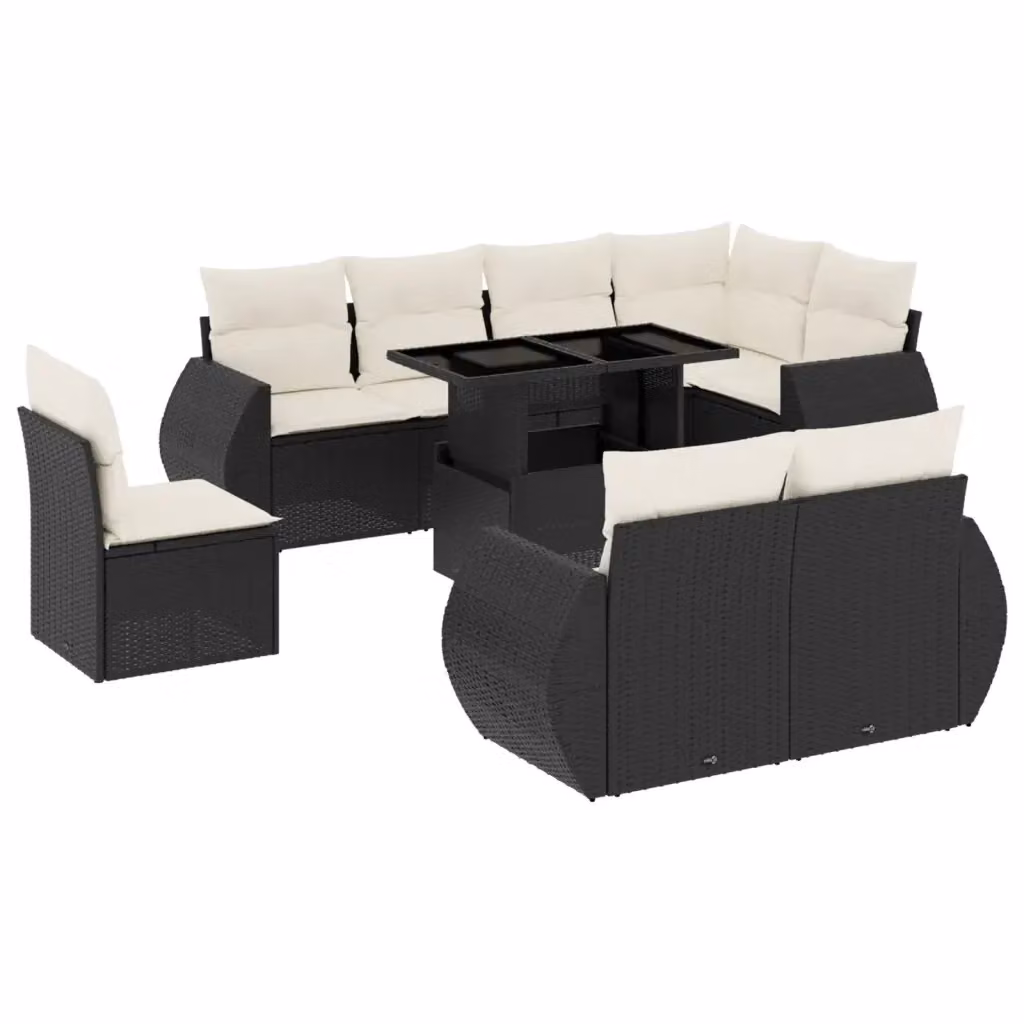 Set di divani da giardino vidaXL in polyrattan nero con cuscini e tavolino da esterno a forma di L – 2