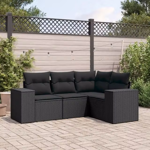 Set Divani da Giardino 4 pz con Cuscini Nero in Polyrattan 3222504
