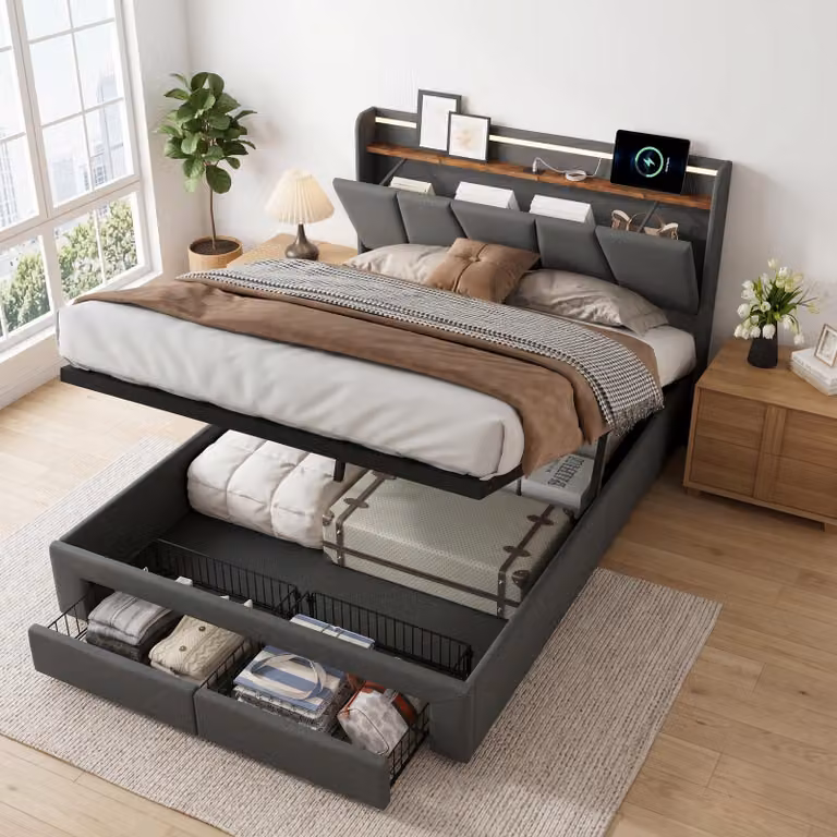 Letto imbottito con struttura a molle, dimensioni 140x200 cm, con luci LED e caricabatterie USB. Letto contenitore con cassone, 2 cassetti, letto con spazio contenitivo e rete a listelli. Tessuto: lino, colore: grigio