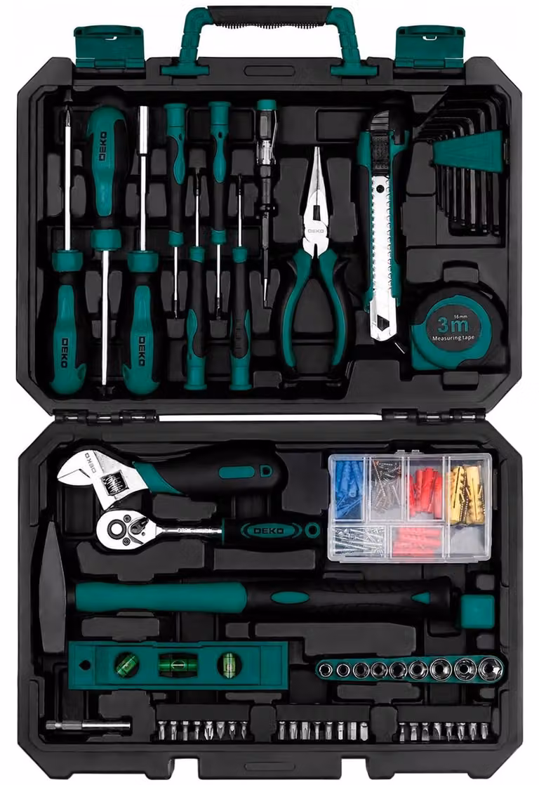 Set di 100 utensili per uso domestico, fornito in una custodia in plastica